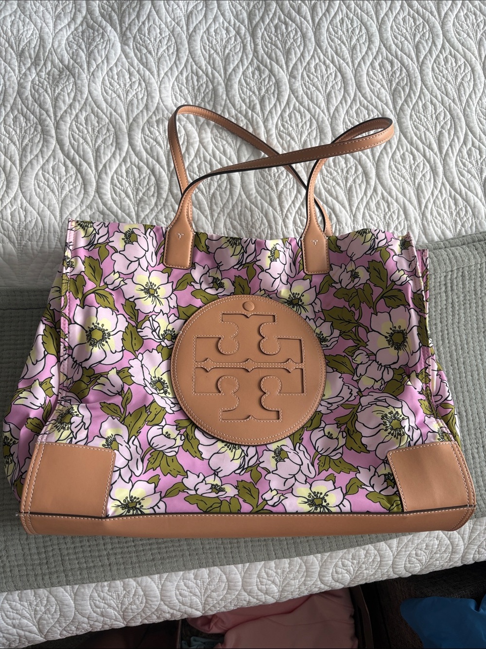 Tory Burch Pink Floral Canvas Tote with Tan Leather Trim